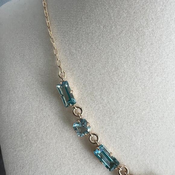 New Ralph Lauren Aqua Pale Blue Baguette Jewel Frontal Gold Tone Chain Necklace - Picture 5 of 9
